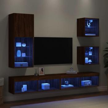 Muebles TV pared con LED 5 piezas madera ingeniería marrón roble