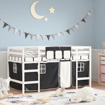Cama loft infantil 90x190 cm de pino con cortinas blancas y negras