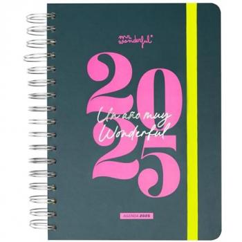 Agenda Anual 2025 Diaria Mr. Wonderful - Un Año Muy Wonderful - Incluye 8 Hojas de Pegatinas y Bloc de Notas Adhesivas con Formas - Dimensiones: 22x17x3 Cms