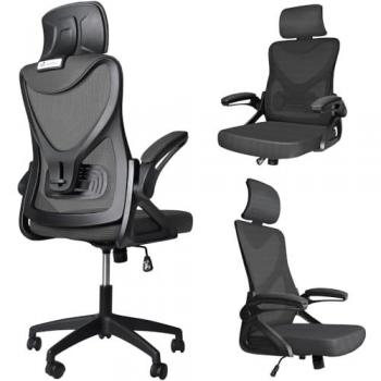 Silla de Oficina Ergonómica Ajustable con Reposacabezas, Soporte Lumbar y Malla Transpirable, Color Negro