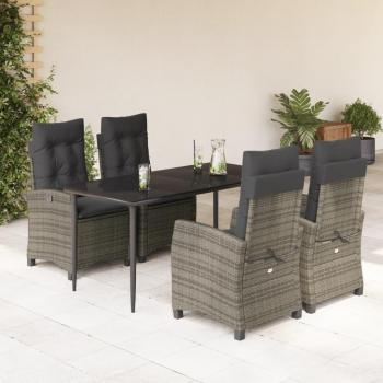 5-Piece Grey Poly Rattan Garden Dining Set with Cushions