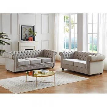 Sofá Chesterfield de 3+2 plazas - Terciopelo gris claro