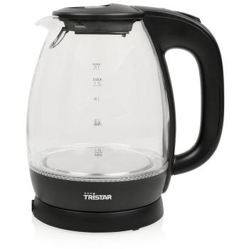 Hervidor de agua de vidrio Tristar WK-3405 con capacidad de 1.7 litros, potencia de 2200W, base giratoria de 360 grados, apagado automático y protección contra ebullición en seco