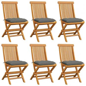 Teak Garden Chairs Set with Grey Cushions - 6 Pieces