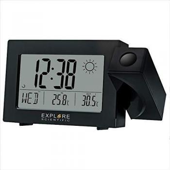 EXPLORE SCIENTIFIC RPW-3008-Reloj controlado por Radio, Temperatura Interior y Exterior, proyección de Tiempo con Cabezal Giratorio, Color Negro