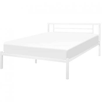 Cama de Metal Blanco 140 x 200 cm con Somier de Madera Sólida, Estilo Industrial Minimalista Cusset