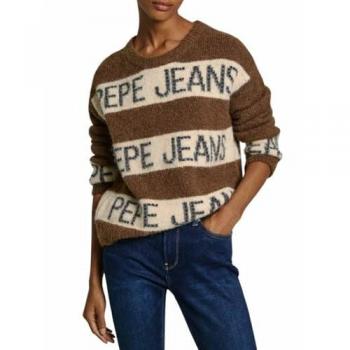 Jersey de Mujer Pepe Jeans Helmi Rayas con Logo Intarsia Marrón XL