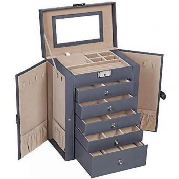 Caja Joyero Grande de 6 Niveles con Puertas Laterales, Cajones, Espejo y Cerradura - Organizador Completo para Pulseras, Pendientes, Anillos y Collares en Varios Colores