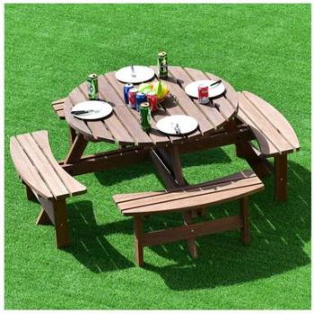 Outdoor Wood 8-Seat Round Picnic Table Set