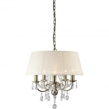 Lámpara colgante Olivia con pantalla color crema marfil, 5 bombillas, latón antiguo y cristal