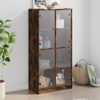 Aparador alto de madera multicapa con puertas en roble ahumado 68x37x142 cm Marrón