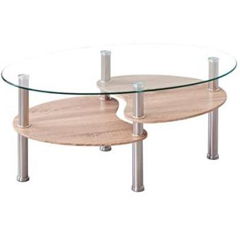 Mesa de Centro Ovalada de Cristal Denise con Revistero y Patas Metálicas Color Roble