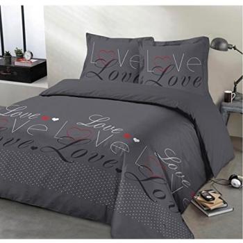 Juego de funda nórdica Vision Love 100% algodón Gris oscuro - 240 x 260 cm + 2 fundas de almohada 65 x 65 cm
