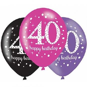 Amscan 9900877 Globos de látex de 40 cumpleaños, color rosa, morado y negro, 27.5 cm, 6 unidades
