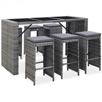 vidaXL - Conjunto de mesa y sillas de bar para jardín con cojines en ratán sintético gris