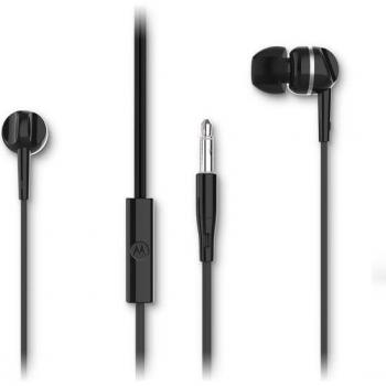 Auriculares In-Ear Motorola 105 con Micrófono, Cableados, Incluye 6 Tapones de Silicona (S, M y L), Sonido Cristalino, Color Negro