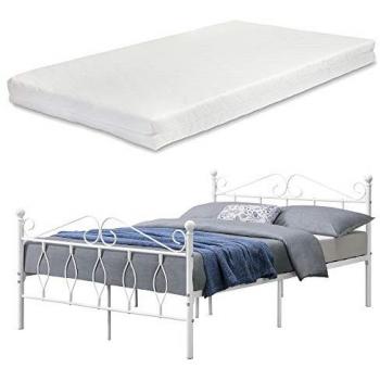 Cama Doble Apolda de Metal con Colchón Viscoelástico 140 x 200 cm y Reposacabezas Blanco Mate