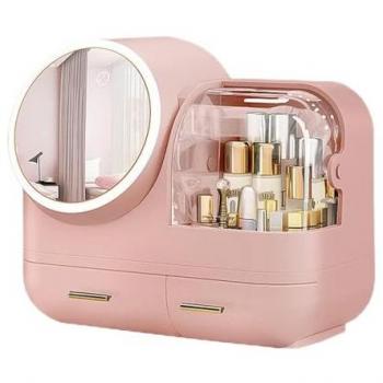 Caja organizadora de almacenamiento de maquillaje con espejo y luz LED, rosa, dimensiones 31 x 37.5 x 22 cm
