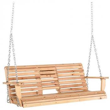 Outsunny Banco Columpio de Madera Natural para 2-3 Plazas con Mesa de Centro Plegable, 2 Portavasos, Reposabrazos y Carga Máxima de 200 kg, Dimensiones