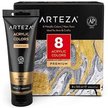 Arteza Pinturas acrílicas metalizadas, set de 8 colores metálicos, tubos de 120 ml, pigmentos ricos, sin decoloración, pinturas de arte para pintores y niños, ideal para lienzo y manualidades