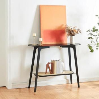 Mesa Consola Taivalkoski 100x35x80cm - Negro/Ratán con Estante Inferior Ideal para Salón y Recibidor