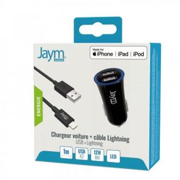 Pack Cargador de Coche 2 Puertos USB 12W + Cable Lightning 1 Metro Compatible MFI Negro