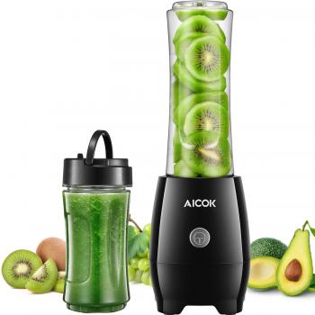 Batidora de Vaso Aicok Mini Batidora Smoothie Electrica con 2 Botellas Portátil para Zumos de Frutas y Verduras, Libre de BPA, 300 W