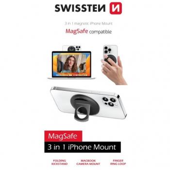 Soporte 3 en 1 Swissten MagStick para iPhone - Negro, compatible con MagSafe y anillo de dedo