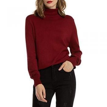 Woolen Bloom - Jersey de punto elástico para mujer, de punto fino, elegante, de cuello alto, manga larga, para otoño e invierno borgoña L