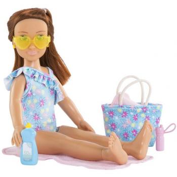 Muñeca Corolle Rigoberta Playa - Muñeca de 36 cm, cuerpo suave, cabello largo y sedoso, vestida con traje de baño multicolor y sombrero a juego, incluye accesorios para jugar en la playa