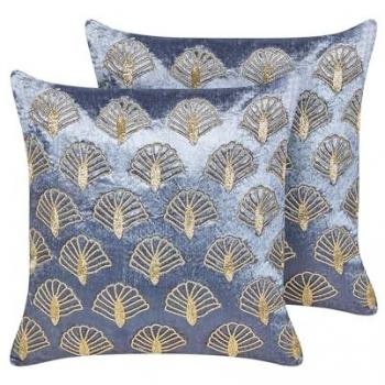 Conjunto de 2 cojines decorativos de terciopelo violeta y dorado, bordados a mano con patrón de conchas marinas, cuadrado 45 x 45 cm, funda desmontable