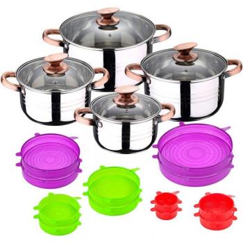 Batería de cocina 8 piezas San Ignacio Altea apta para inducción en acero inoxidable con set de 12 tapas de silicona Jolie