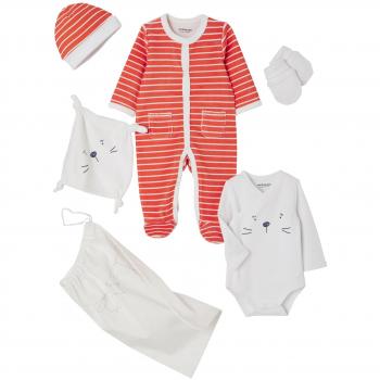 VERTBAUDET Kit para recién nacido de 5 prendas a rayas y gato con bolso NARANJA FUERTE A RAYAS NACIMIENTO - 50CM