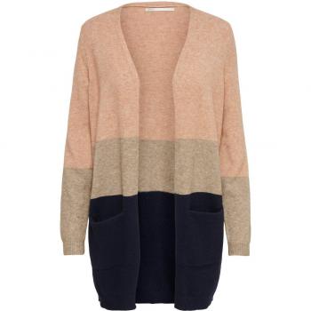 Only Onlqueen Women's Long Knitted Cardigan with Pockets in Tricolor Beige, Salmon, and Navy
