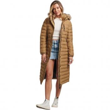 Superdry Women's Long Line Lightweight Hooded Puffer Jacket with Faux Fur Trim