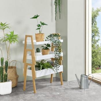 Estantería Independiente Hitra de 3 Piezas Apilables en Bambú Natural y Blanco - Soporte Decorativo para Plantas 85 x 65 x 30 cm