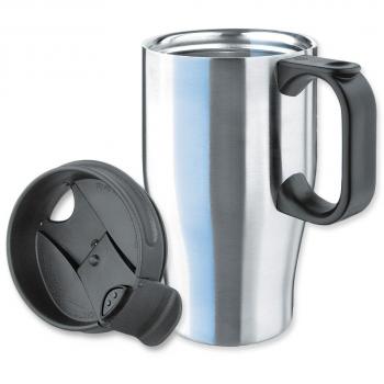 Isosteel VA-9572 - Taza térmica con tapa de plástico con cierre y base antideslizante, doble pared de acero inoxidable 18/8, 0,4 L, color plateado