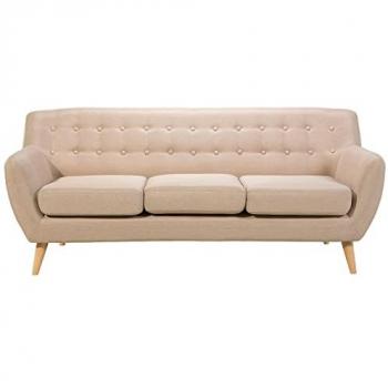 Sofá 3 Plazas Beige Acolchado con Respaldo Capitonné y Patas de Madera Clara Motala