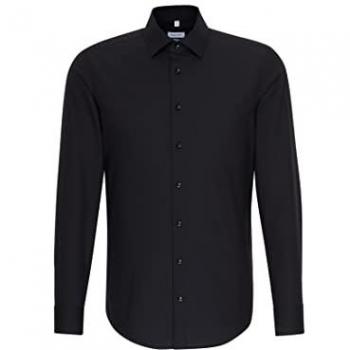 Camisa de Negocios de Manga Larga Slim Fit en Popelín Antipliegues con Cuello Kent, Color Negro, Talla 36