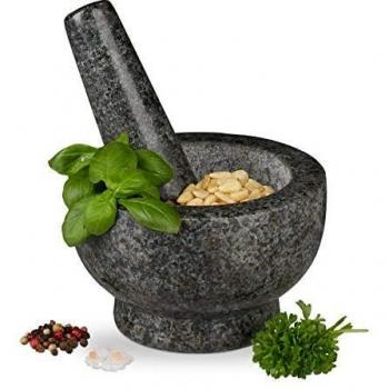 Mortero de Granito con Pilón, Resistente y Duradero, Superficie Rugosa, Ø13 cm, 250 ml, Color Gris