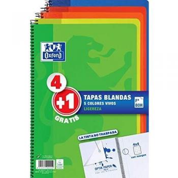 Oxford Cuadernos A4, Tapa Blanda, 80 Hojas; Cuadrícula 4x4, Pack 4+1, Surtido colores vivos