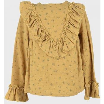 Blusa de niña mostaza de algodón con volantes