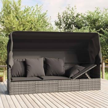 Gray Poly Rattan Outdoor Lounge Bed with Roof and Cushions
