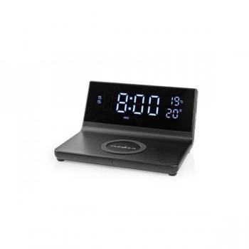 Nedis WCACQ20BK - Radio Reloj con carga inalámbrica Qi certificada, potencia de 5/7.5/10/15 W, puerto USB-A, dos alarmas y función snooze