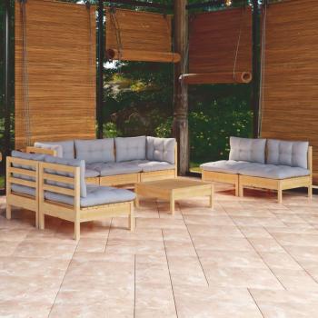 8-Piece Solid Pinewood Garden Lounge Set with Grey Cushions