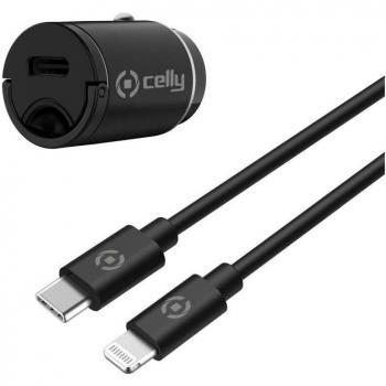 Cargador de Coche Celly 20W USB-C con Cable para Smartphone, Color Negro