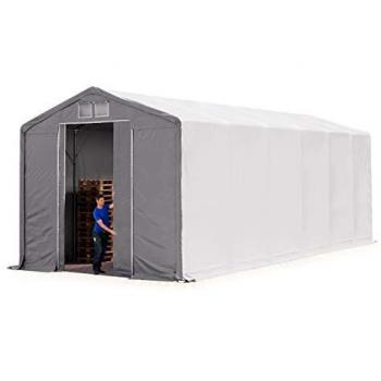 Carpa industrial Toolport 6x12 m con altura lateral de 4 m, material PRIMEtex PVC 2300 N ignífugo, 100% impermeable, color gris y puerta corrediza