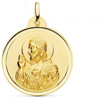Medalla Oro 18k unisex Cristo Sagrado Corazón de Jesús 26 mm bisel liso