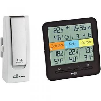 TFA Dostmann estación meteorológica, Weather Hub SmartHome – Sistema de climática y vigilancia doméstico con Smartphone, Juego de iniciación con alarma de térmica de higrómetro, color blanco, 40 x 28 x 104 cm, 31.4007.02