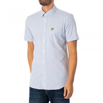 Lyle and Scott Men's Light Blue White Short Sleeve Slim Fit Gingham Shirt - Size X-Large